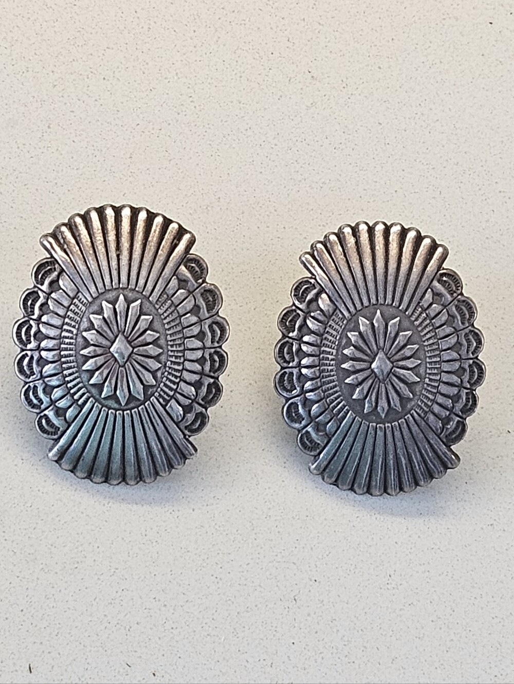 Vintage Navajo Native American Sterling Silver Stamped Oval Concho Stud Earrings